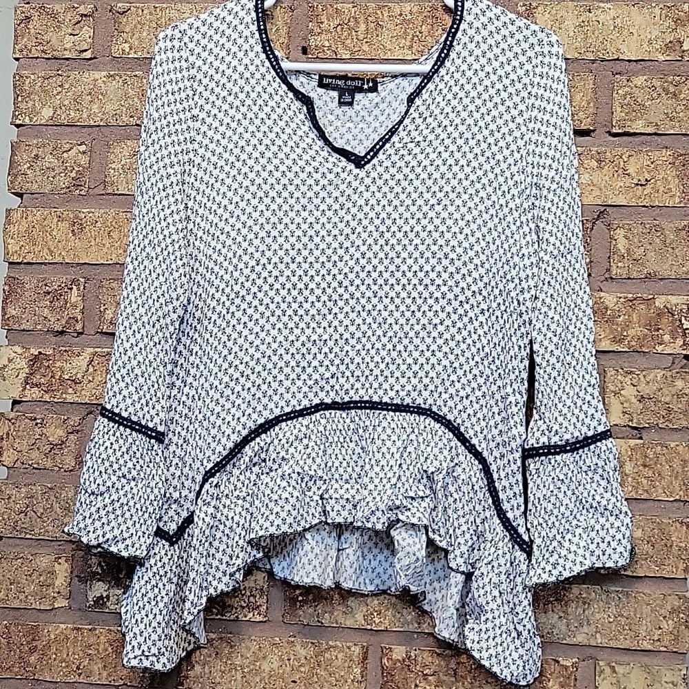Living Doll Los Angeles Navy White Asymmetrical Hem Peasant Boho Top Size Large